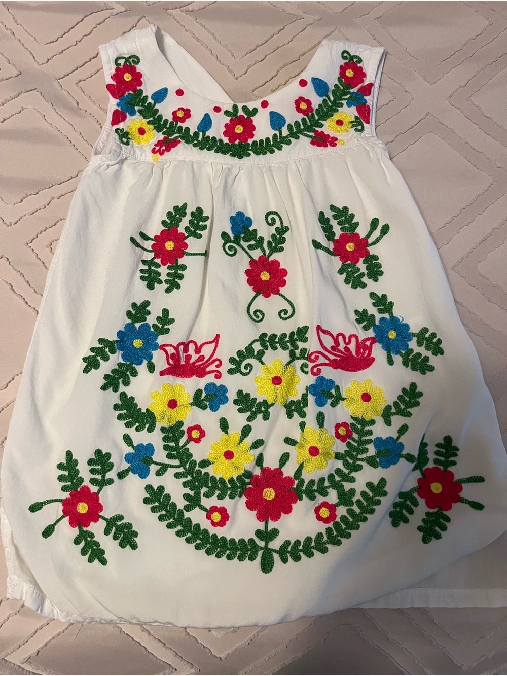White Sleeveless Kids Dress with Multicolor Floral Embroidery